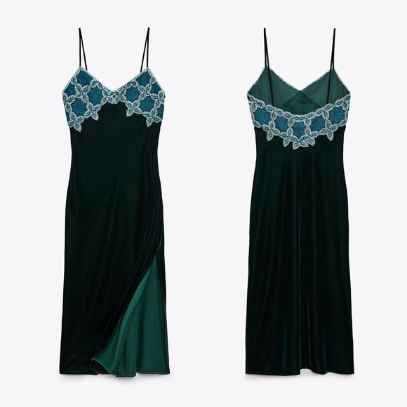 ZARA VELVET + CROCHET MAXI DRESS DARK GREEN / BLUE - Picture 12 of 12